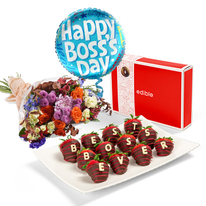 Boss's Day Berry Box,<br>Flowers & Balloon Bundle