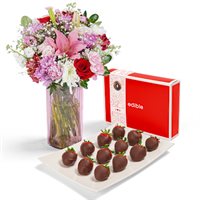 Valentines Day Vibrant Flowers  Strawberries Gift Set